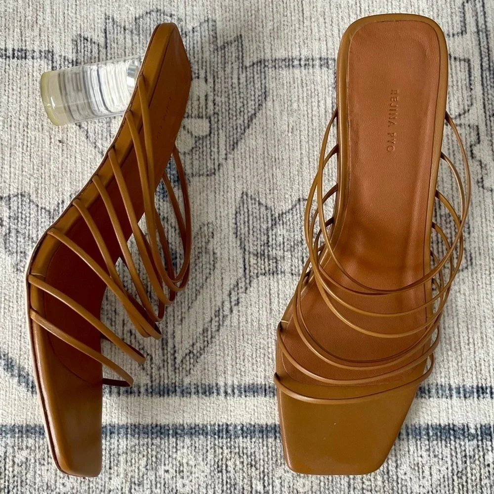 Regina Pyo “Zoe” Brown Leather Lucite Heel Sandals Sz 36